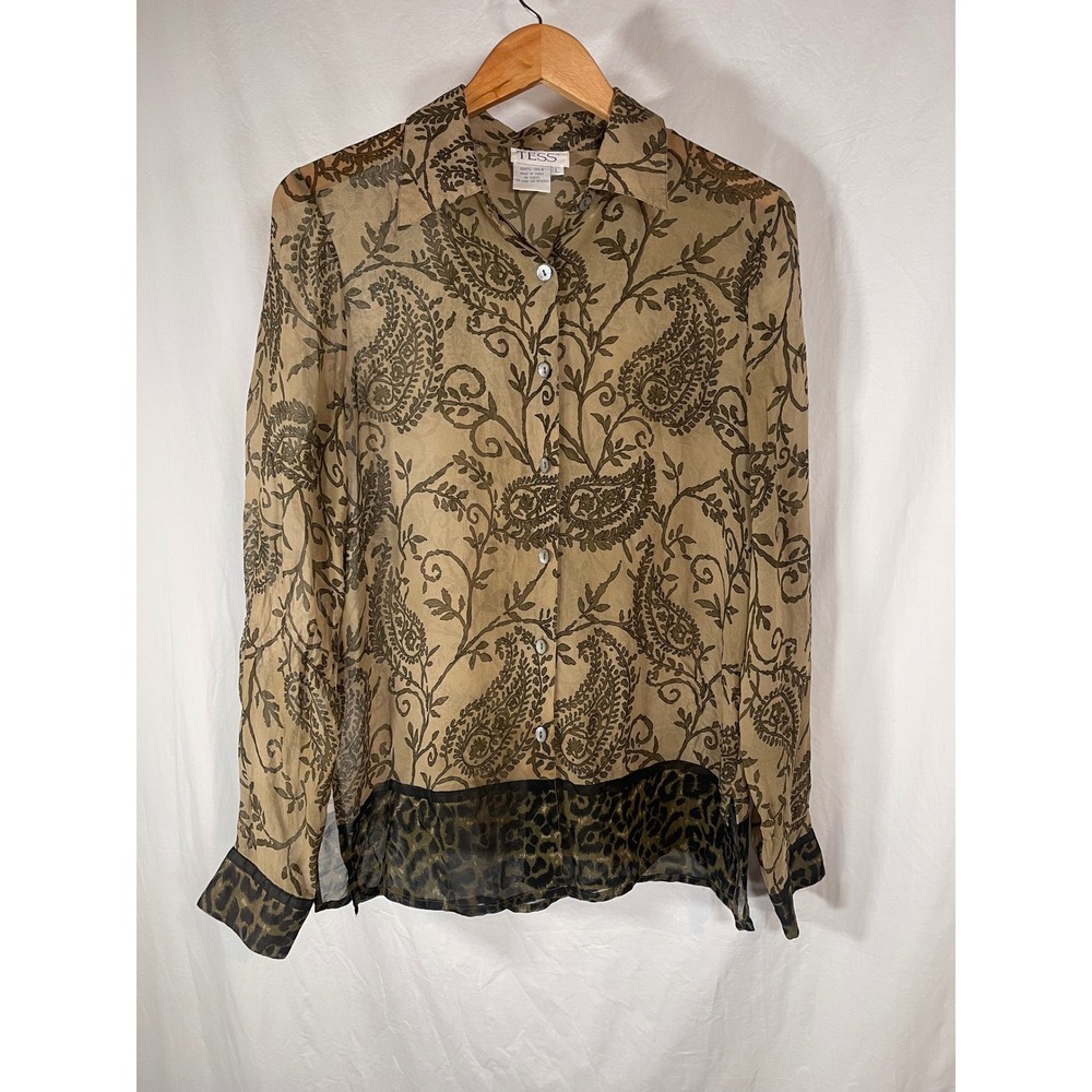 Tess Womens 100% Silk Paisley Leopard Print Sheer Button Down Blouse Large